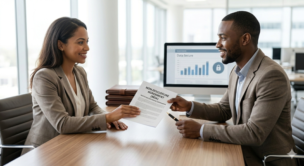 Professional analyzing legal clauses in Non-Disclosure Agreement (NDA) 