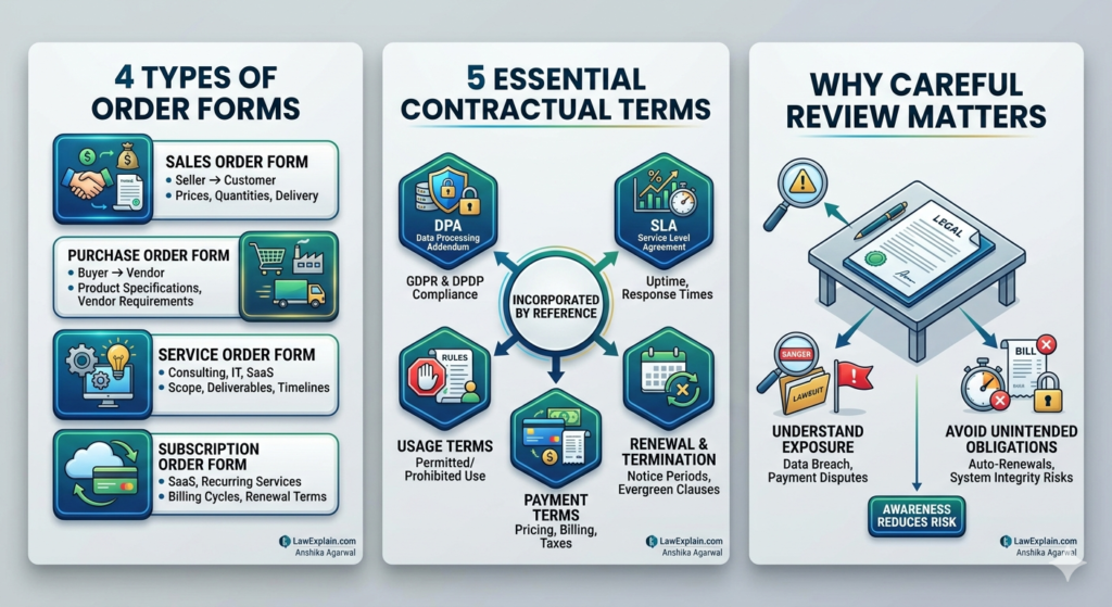 Order form highlighting types of order forms and five essential contract terms with key review points.